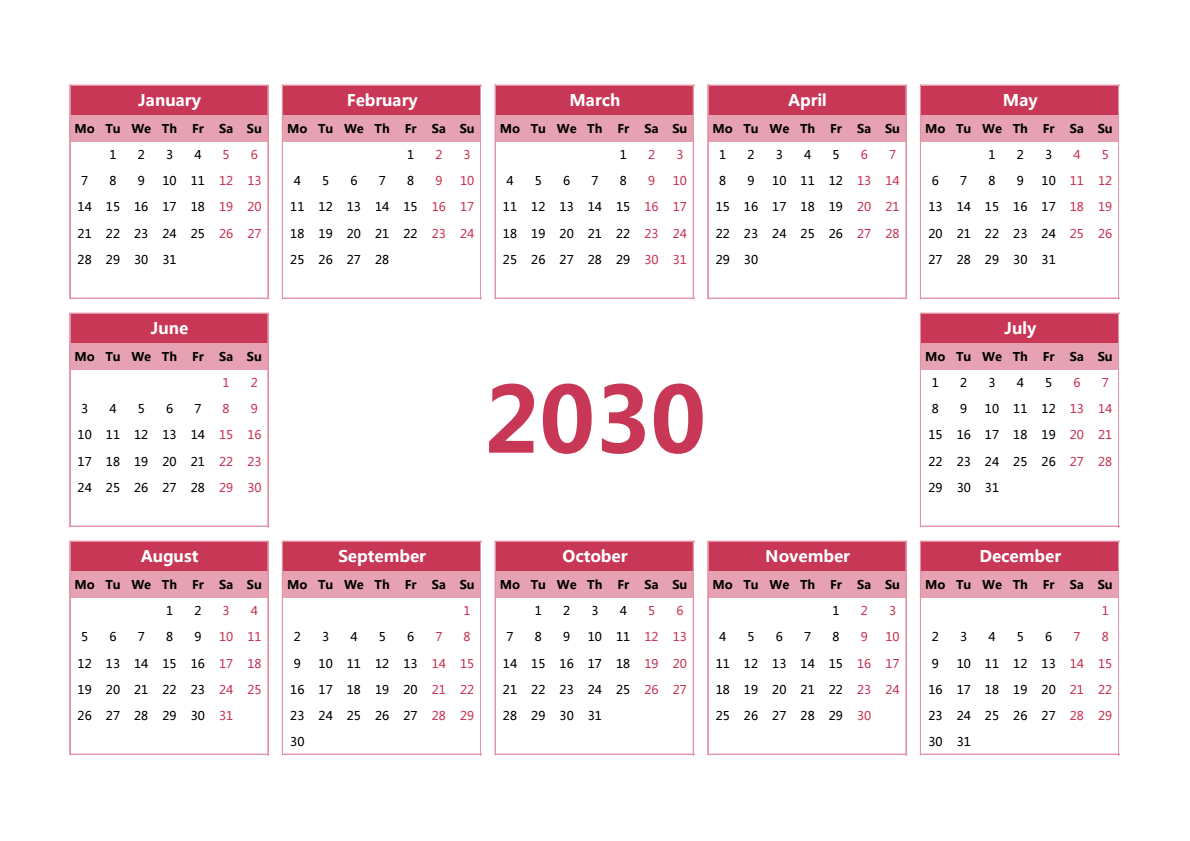 2030年日历 A3横向 英文版 无农历 无周数 周一开始